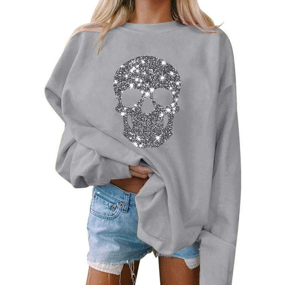 Neewe Women's Halloween Printed Crew Neck Sweatshirt Loose Soft Long Sleeve Pullover Casual Tops