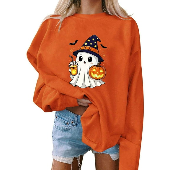 Neewe Women's Halloween Printed Crew Neck Sweatshirt Loose Soft Long Sleeve Pullover Casual Tops
