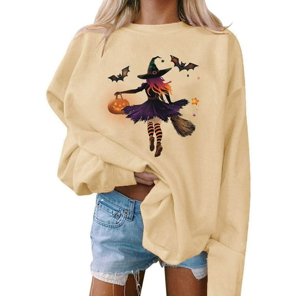 Neewe Women's Halloween Printed Crew Neck Sweatshirt Loose Soft Long Sleeve Pullover Casual Tops