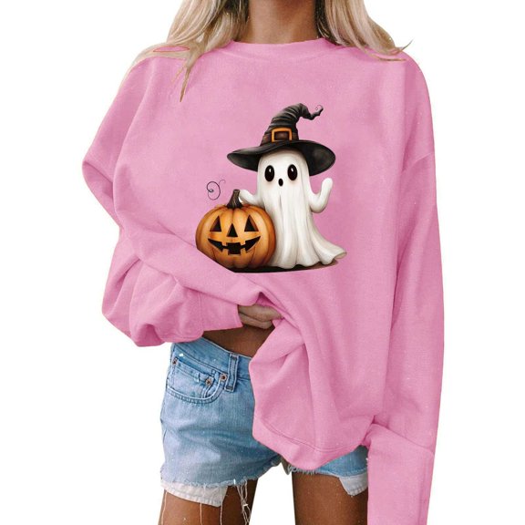 Neewe Women's Halloween Printed Crew Neck Sweatshirt Loose Soft Long Sleeve Pullover Casual Tops
