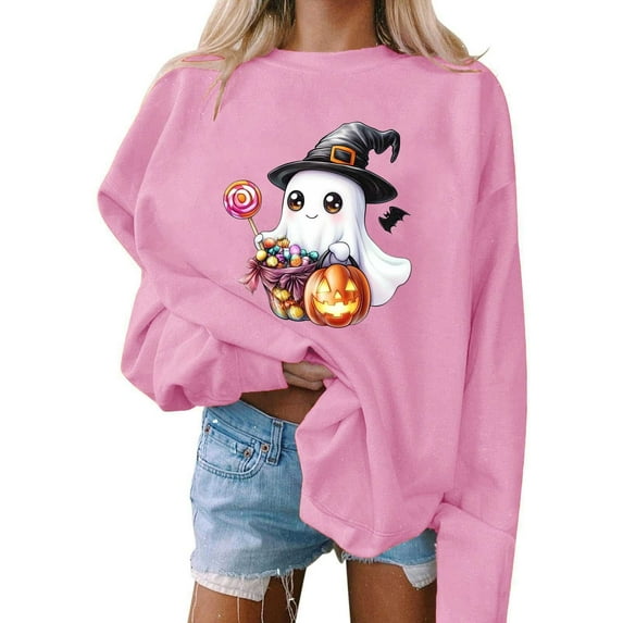 Neewe Women's Halloween Printed Crew Neck Sweatshirt Loose Soft Long Sleeve Pullover Casual Tops