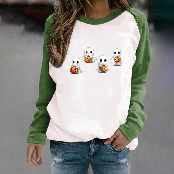 Neewe Women's Halloween Pumkin Face Sweatshirts Hocus Pocus Long Sleeve Shirt Spooky Skeleton Pullover Tops