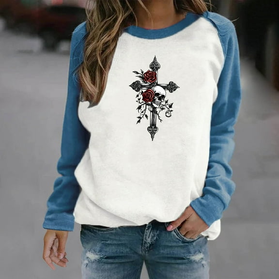 Neewe Women's Halloween Pumkin Face Sweatshirts Hocus Pocus Long Sleeve Shirt Spooky Skeleton Pullover Tops