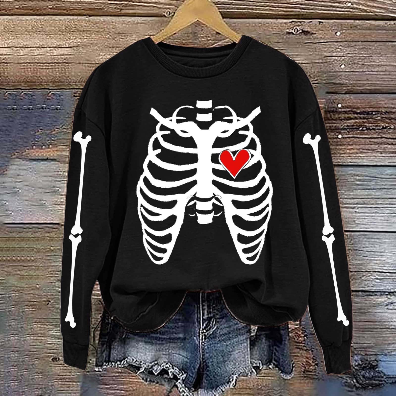 Neewe Women's Halloween Skeleton Printed Casual Crew Neck
