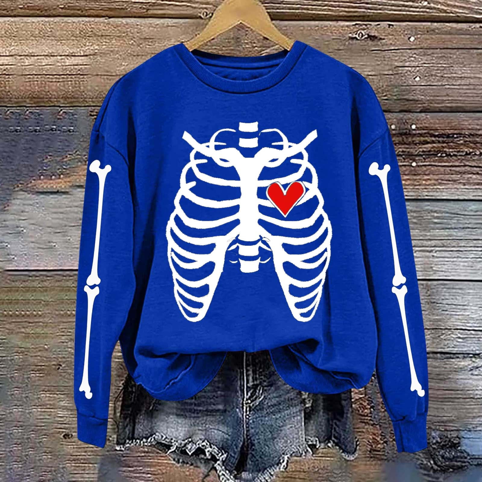 Neewe Women's Halloween Skeleton Printed Casual Crew Neck