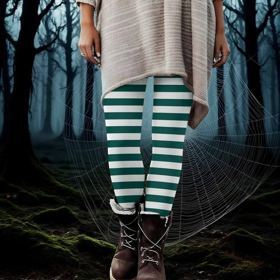 Neewe Women's Halloween Striped Print High Waisted Leggings for Women-Soft Athletic Tummy Control Pants for Running Yoga Workout Reg & Plus Size