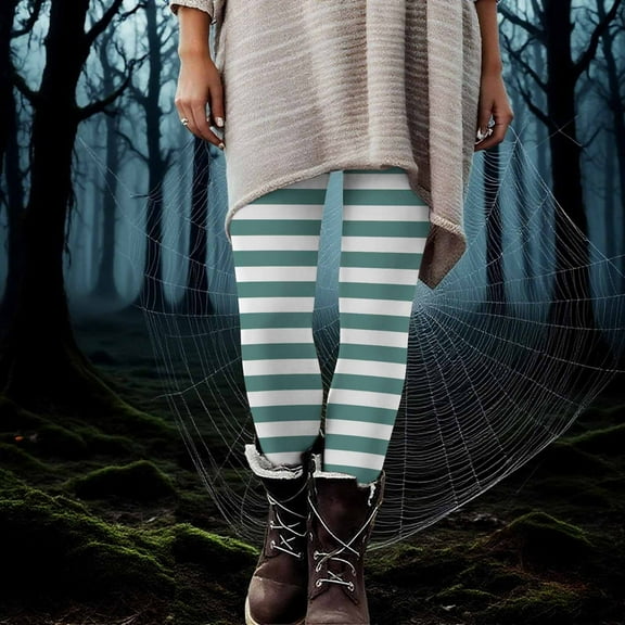 Neewe Women's Halloween Striped Print High Waisted Leggings for Women-Soft Athletic Tummy Control Pants for Running Yoga Workout Reg & Plus Size