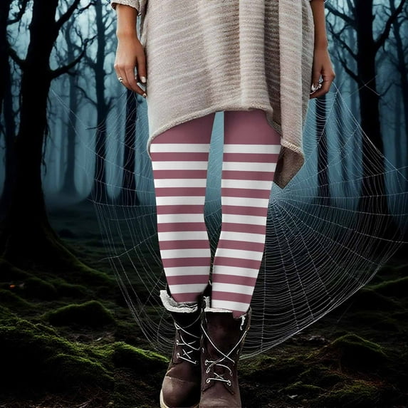 Neewe Women's Halloween Striped Print High Waisted Leggings for Women-Soft Athletic Tummy Control Pants for Running Yoga Workout Reg & Plus Size