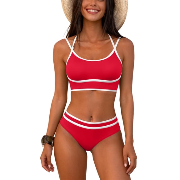 Neewe Women's High Waisted Bikini Sets Sporty Two Piece Swimsuits Color Block High Cut Bathing Suits