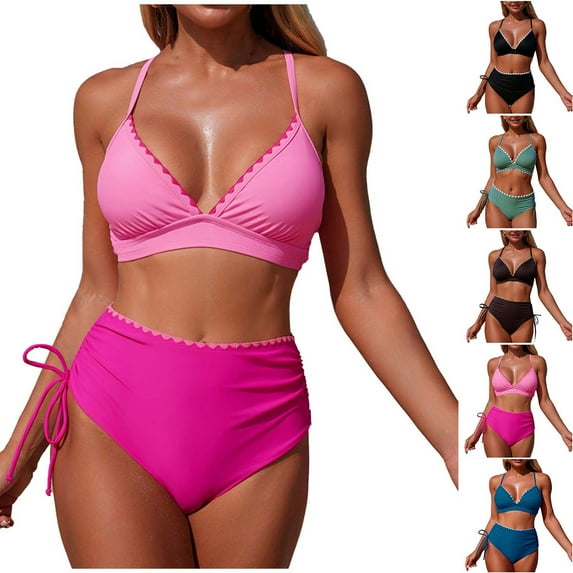 Neewe Women's High Waisted Bikini Sets Two Piece Swimsuit Tummy Control Bathing Suit V Neck Swimwear 2026 Swim Suit