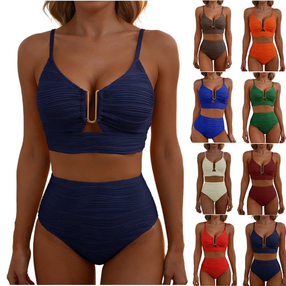 Neewe Women's High Waisted Bikini Sets Two Piece Swimsuit Tummy Control Bathing Suit V Neck Swimwear 2026 Swim Suit