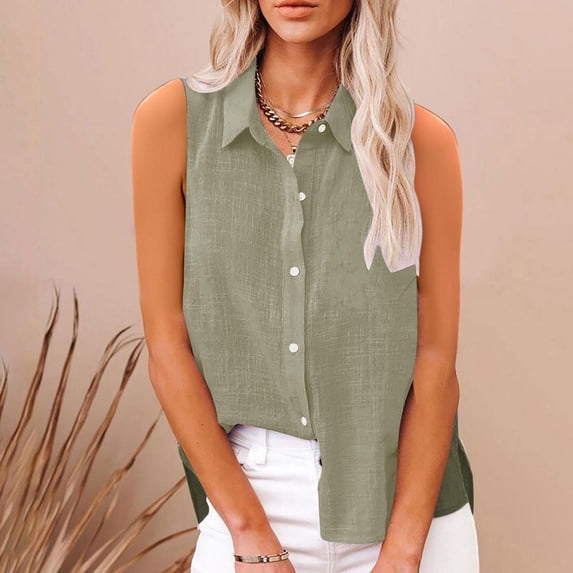 Neewe Women's Lapel Collar Sleeveless Button Down Shirts Button Front Collared Dressy Casual Blouses Loose Daily Tops