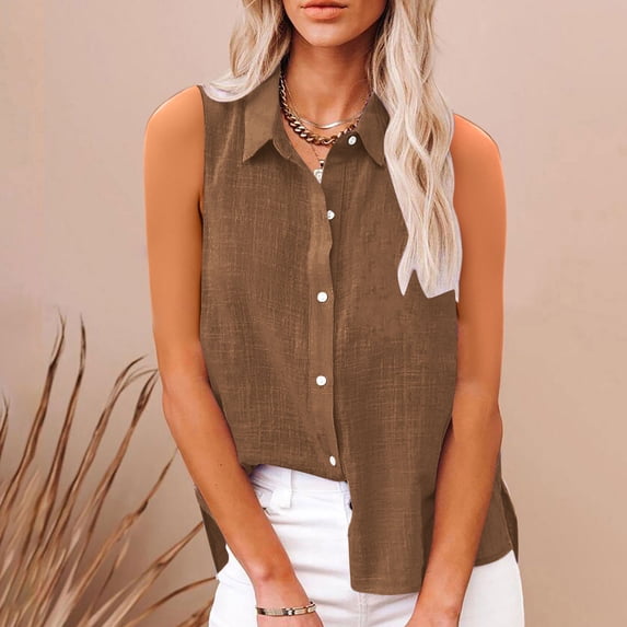 Neewe Women's Lapel Collar Sleeveless Button Down Shirts Button Front Collared Dressy Casual Blouses Loose Daily Tops