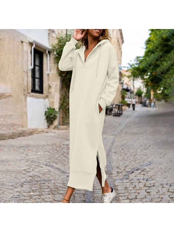 Women's Long Fleece Fall Sweatshirt Warm Hoodie Dress Pullover Plus Size with Pocket