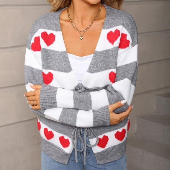 Neewe Women's Long Sleeve Cute Cardigan Sweaters Color Block Open Front Ribbed Knit Heart Sweater Coat