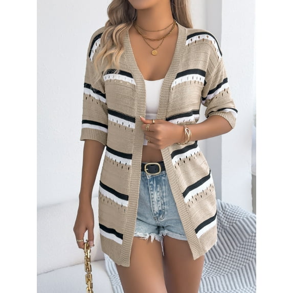 Neewe Women's Long Sleeve Oversized Sweater Checkered Cardigan Open Front Outerwear Tops