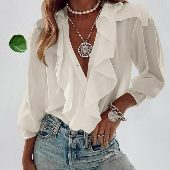 Neewe Women's Long Sleeve Tops Dressy Casual V Neck Ruffle Tunic Chiffon Blouse Fall Trendy Work Shirts