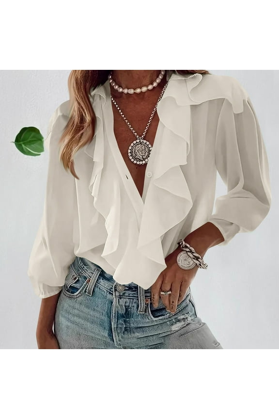 Women's Long Sleeve Tops Dressy Casual V Neck Ruffle Tunic Chiffon Blouse Fall Trendy Work Shirts