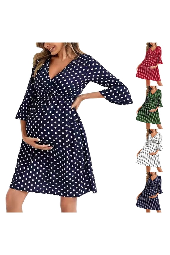 Women's Maternity Dress Three-quarter Sleeves Base Layer Elastic V-neck Dress Women's Maternity Dress