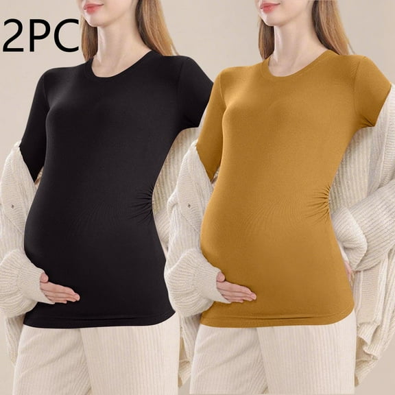 Neewe Women's Maternity Shirts,2PC Crew Neck Maternity Top Short Sleeve Casual Cotton Tee Pregnancy Clothes Thin Pregnancy Base Shirt