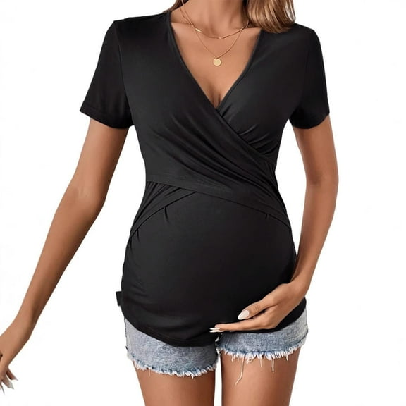 Neewe Women's Maternity Shirts, Crew Neck Maternity Top Short Sleeve Casual Cotton Tee Pregnancy Clothes