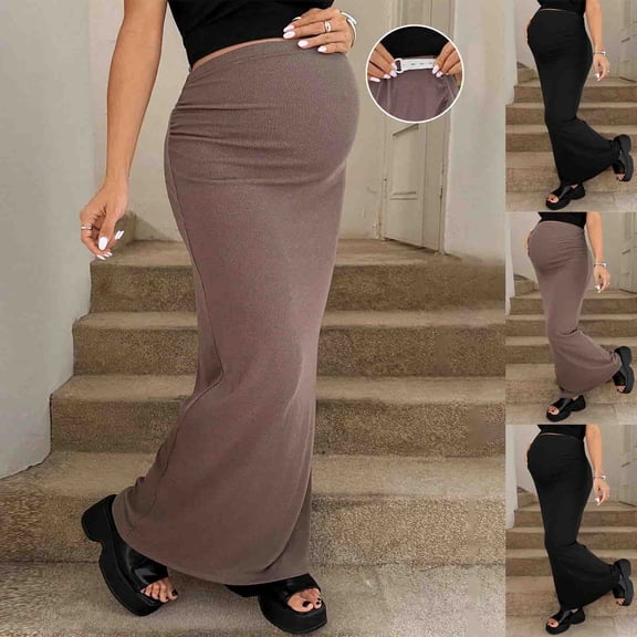 Neewe Women's Maternity Skirt Spring And Summer Knitted High Waisted Long Skirt With Adjustable Waist Pregnant Women's Half Skirt For External