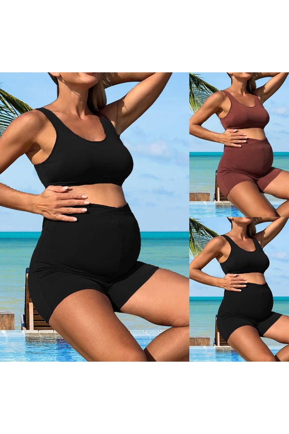 Women's Maternity Solid Color Two-piece Set Swimsuit Vacation Style High Waist Abdominal Support Sporty Style Backless Shoulder Strap Swimsuit