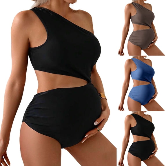 Neewe Women's Maternity Vacation Style Solid Color Romantic Off-shoulder Backless Bikini Drawstring Style Loose Shoulder Strap Swimsuit