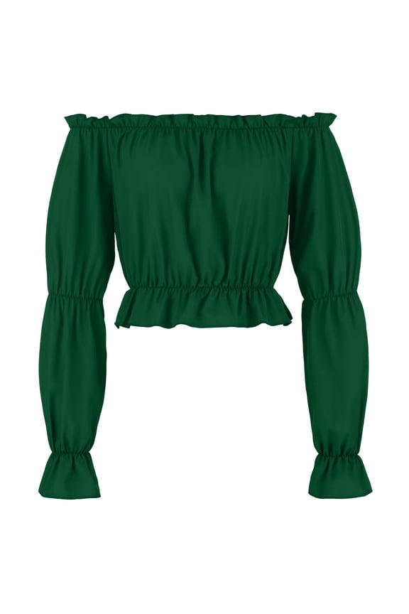 Women's Off Shoulder Ruffle Trim Puff Long Sleeve Tube Crop Blouse Shirt Top
