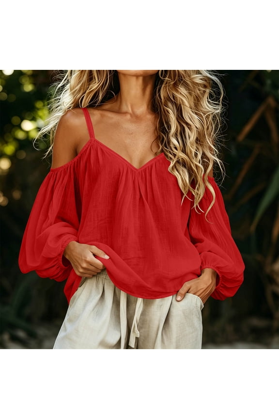 Women's Off Shoulder Tops Classic Plain Shirt Slim Fit Ruched Top Long Sleeves Spring Fall Blouse Going Out Shirt