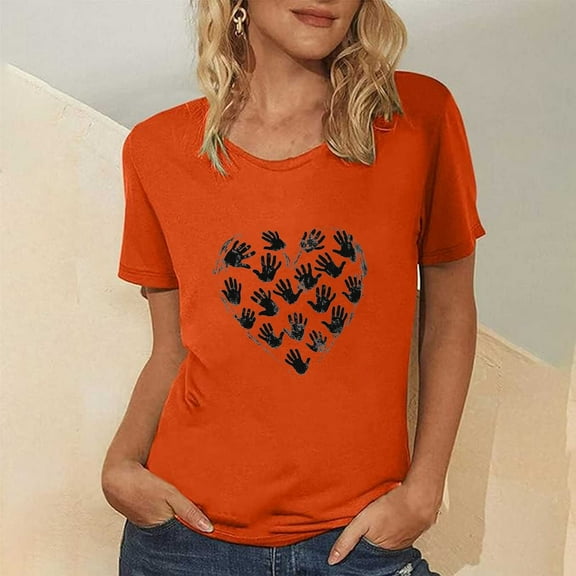 Neewe Women's Orange Shirt With Day Summer Tops Short Sleeve Crew Neck Shirts Puff Sleeve Casual Tshirts