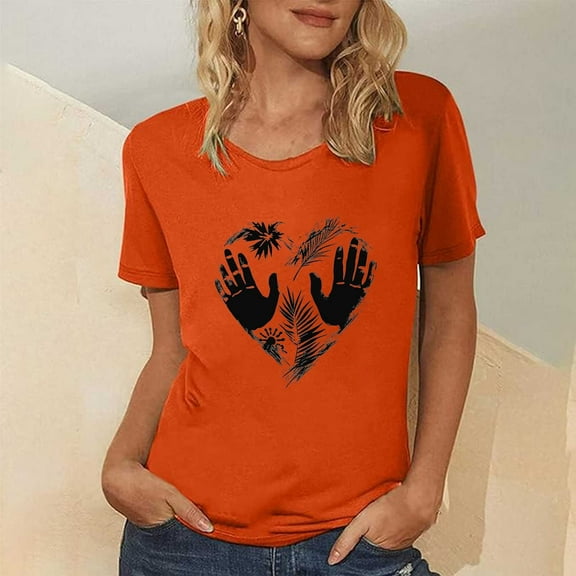 Neewe Women's Orange Shirt With Day Summer Tops Short Sleeve Crew Neck Shirts Puff Sleeve Casual Tshirts