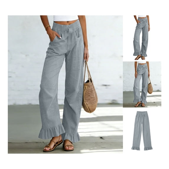Neewe Women's Plain Cotton Linen Wide Leg Pants with Ruffle Hem Drawstring Elastic Waist and Pockets for Casual Daily Wear