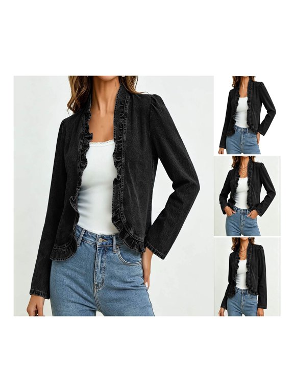 Women's Plain Denim Open Front Cardigan with Ruffle Trim and Long Sleeve for Casual Daily Wear and Outdoor Activities