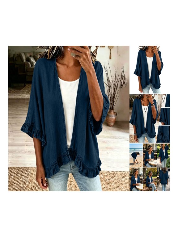 Women's Plain Denim Open Front Hooded Jacket with Ruffle Hem and Flared Sleeves for Casual Daily Wear and Comfortable Layering