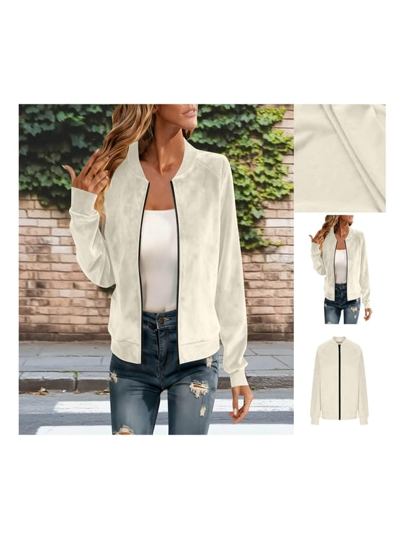 Women's Plain Faux Suede Zip Up Bomber Jacket with Pockets for Casual Daily Wear and Outdoor Activities Comfortable