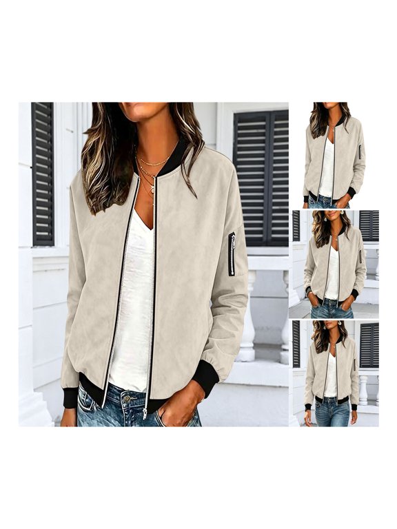 Women's Plain Polyester Zip Up Bomber Jacket with Ribbed Trim and Kangaroo Pocket for Casual Streetwear and Daily Wear