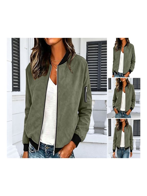 Women's Plain Polyester Zip Up Bomber Jacket with Ribbed Trim and Kangaroo Pocket for Casual Streetwear and Daily Wear