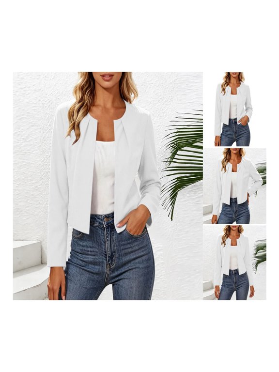 Women's Plain Round Neck Ruched Open Front Long Sleeve Slim Cardigan Coat Blouse for Casual Daily and Office Wear