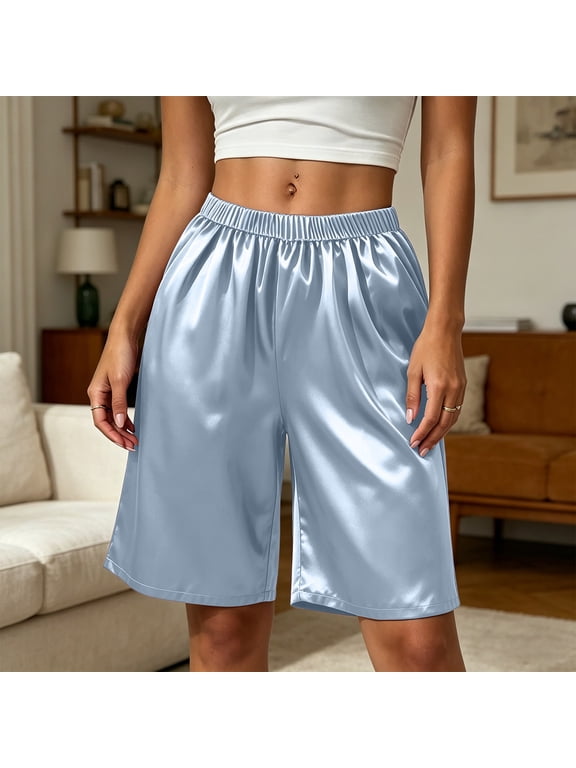 Women's Plain Satin Bermuda Shorts with Elastic Waist for Summer Lounge and Sleepwear Daily Comfort Soft Breathable