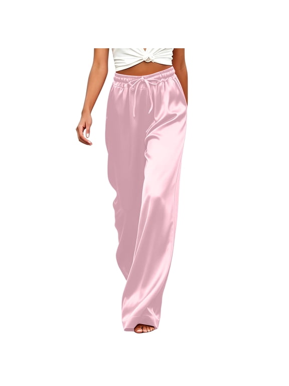 Women's Plain Satin Wide Leg Lounge Pants with High Waist Drawstring and Pockets for Casual Daily Wear and Sleepwear Comfort Soft