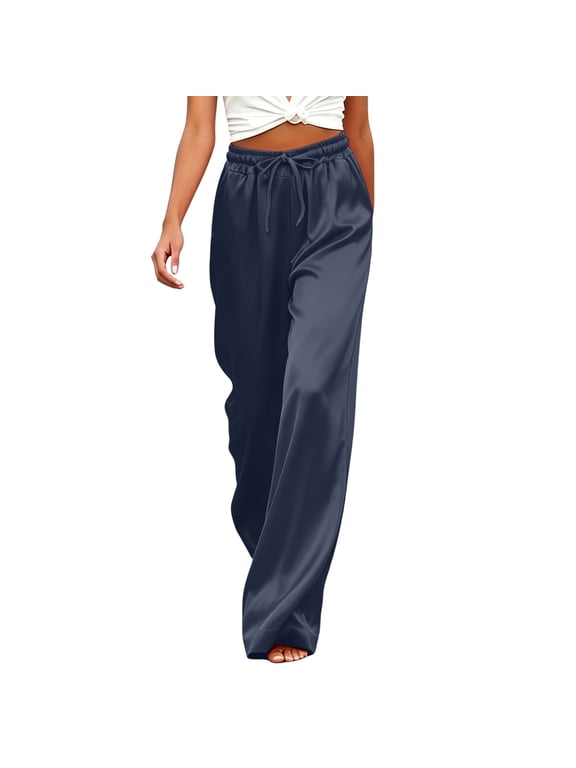 Women's Plain Satin Wide Leg Lounge Pants with High Waist Drawstring and Pockets for Casual Daily Wear and Sleepwear Comfort Soft
