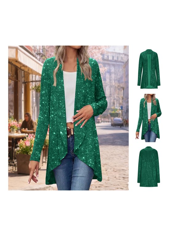 Women's Plain Shiny Open Front Long Sleeve Cardigan with Irregular Hem for Party and Daily Wear Lightweight Comfortable