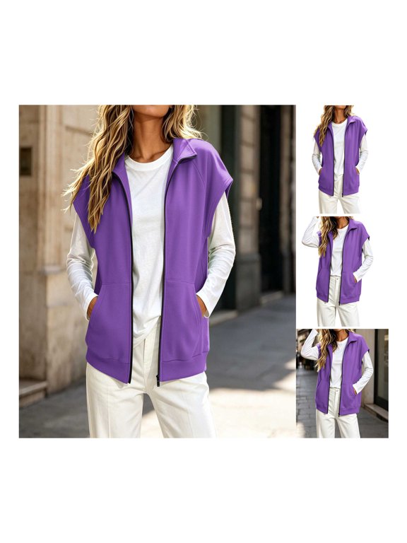 Women's Plain Sleeveless Zip Up Sweatshirt Jacket with Pockets for Spring Winter Casual Daily Wear and Comfortable Outdoor Activities
