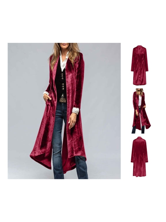 Women's Plain Velvet Open Front Long Cardigan with Pockets for Party and Evening Wear Elegant Soft Comfortable
