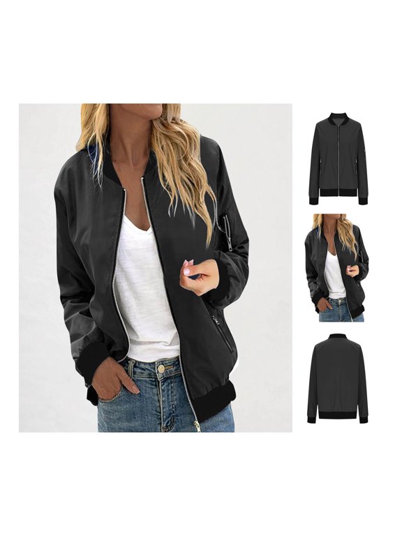 Women's Plain Zip Up Bomber Jacket with Pockets and Stand Collar for Casual Daily Wear and Outdoor Activities Comfortable