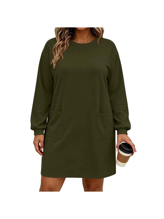 Women's Plus Size Dresses Long Sleeves Crew Neck Casual Dresses Empire Waist Loose Flowy Dress with Pockets