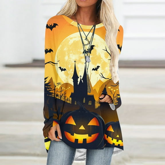 Neewe Women's Plus Size Tops Halloween Long Sleeve Crewneck Tops Colorblock Loose Fit Ladies Tee Shirts