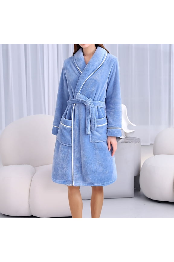 Women's Plush Fleece Bathrobe, Shawl Collar Jacquard Robe with Tie Pajamas Long Sleepwear with Pocket