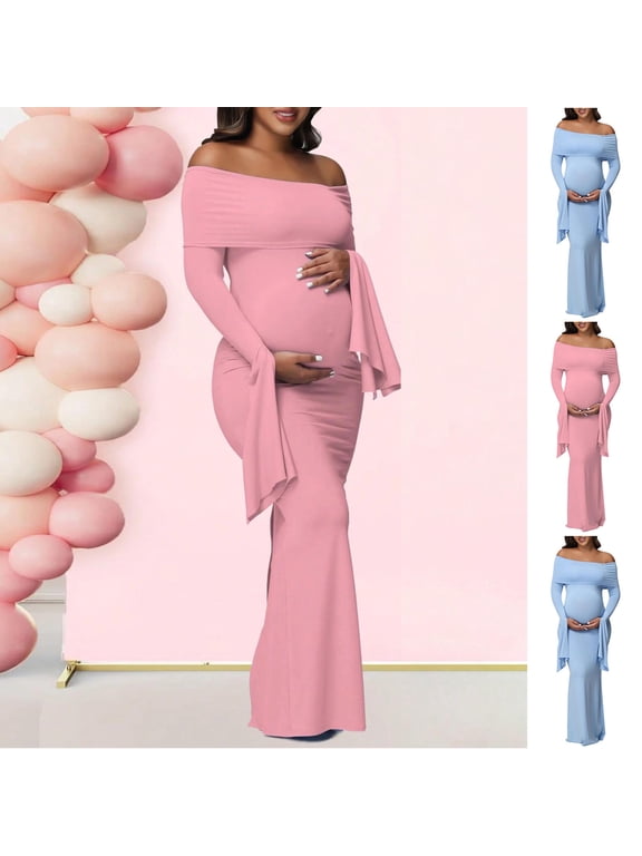 Women's Pregnant Dress Flared Sleeve One Shoulder Maternity Evening Dress Slim Hip Pack Split Maternity Dress